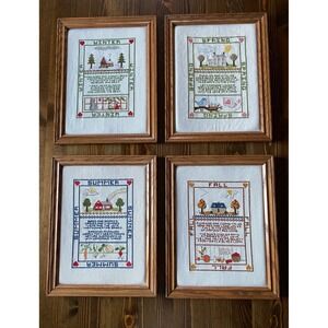 Vintage Set of 4 Four Seasons Framed Cross Stitch Samplers Folk Art Wall Decor